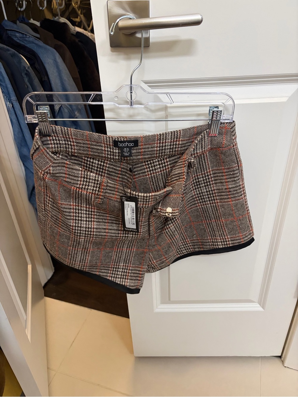 Boohoo Plaid High-Waist Mini Shorts in Brown, Black & Orange Trim
